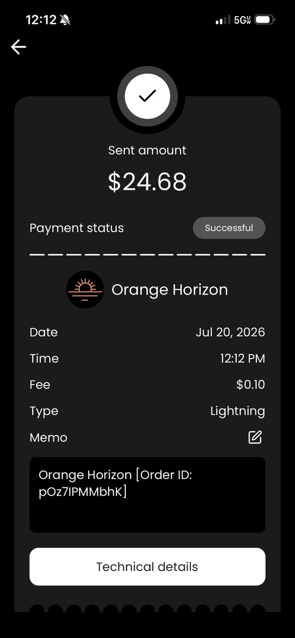 Blitz Wallet payment history showing the retained Orange Horizon merchant logo