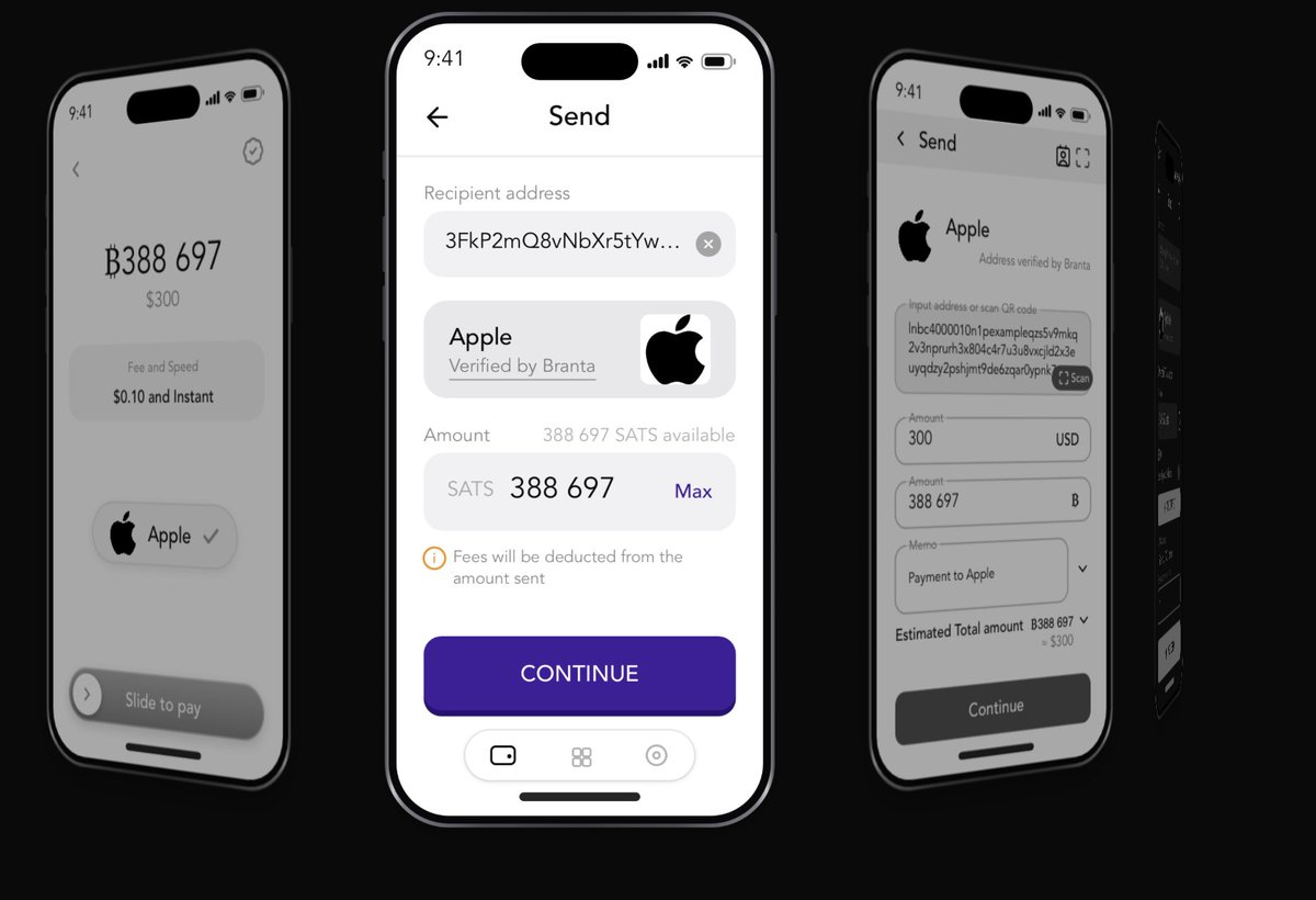 Three wallet send screens for the same payment, each showing the recipient as Apple with a logo and the line “Address verified by Branta” beside the raw address, the amount of 388 697 SATS, and the confirm control.