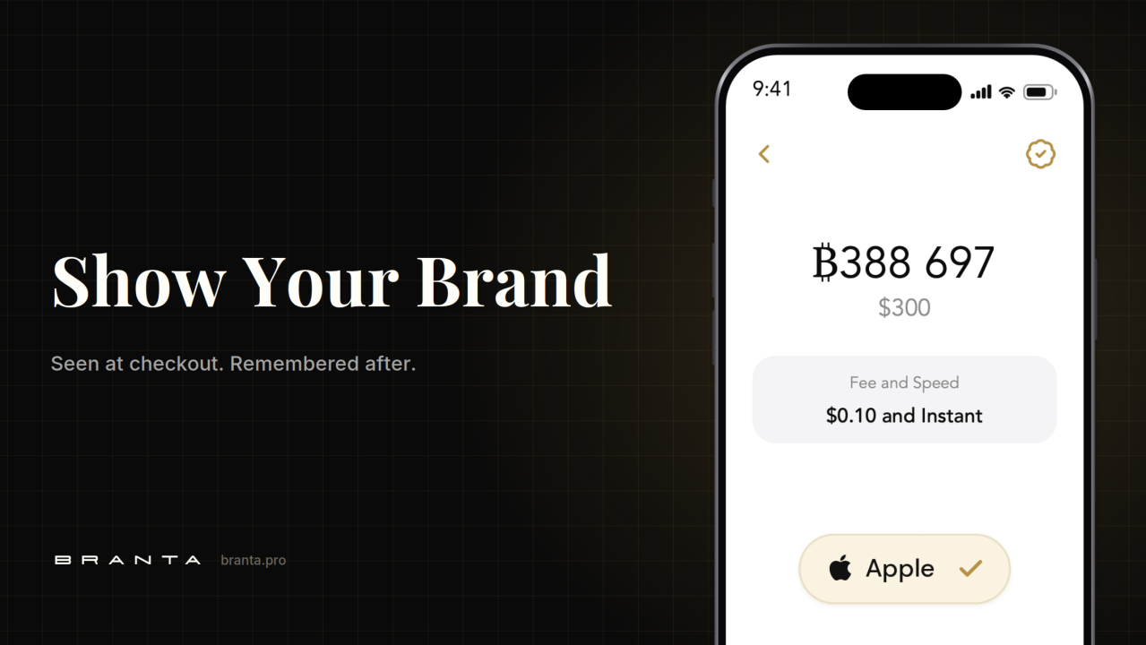 Show Your Brand: seen at checkout, remembered after. A phone shows a Bitcoin send screen for ₿388 697, about $300, with a fee and speed of $0.10 and instant, and a verified Apple name and logo on the confirm button.