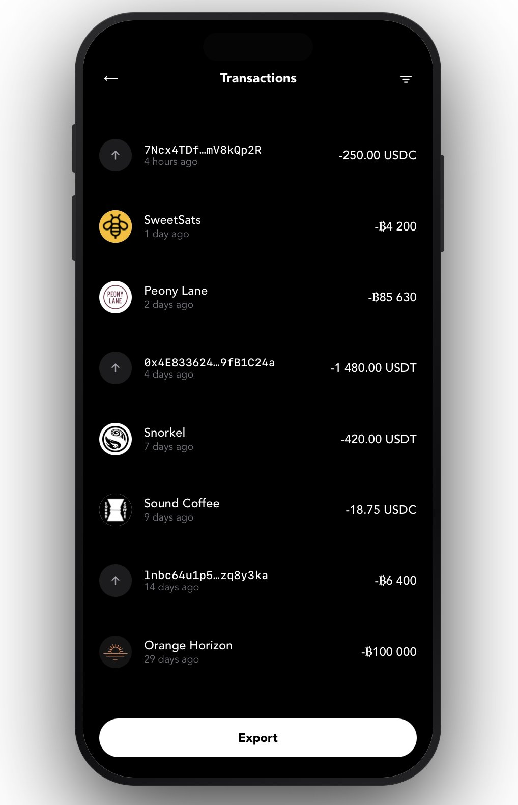 A wallet transactions list where verified businesses — SweetSats, Peony Lane, Snorkel, Sound Coffee, Orange Horizon — each show a name and a logo, while the unverified payments show only a raw address such as 7Ncx4TDf…mV8kQp2R.